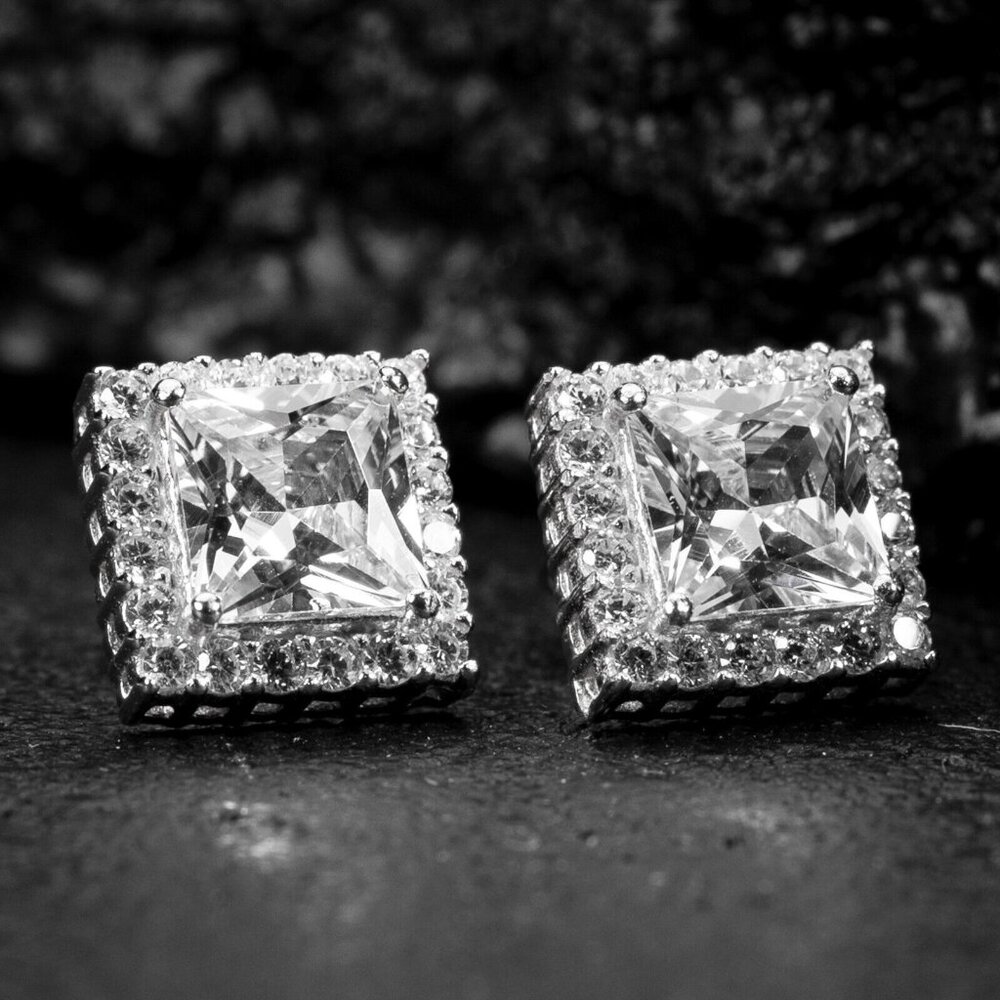 Men's 925 Sterling Silver Princess Cut Square Shape Cubic Zirconia Stud Earrings